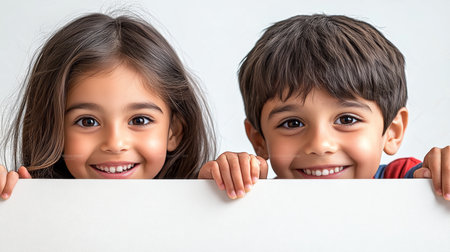 Two Happy Children, a Boy and a Girl, Peeking Over a White Board with Curious Expressionsの素材