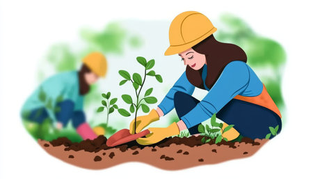 Teamwork In Action Women Planting Trees For A Sustainable Future, Environmental Conservation.の素材