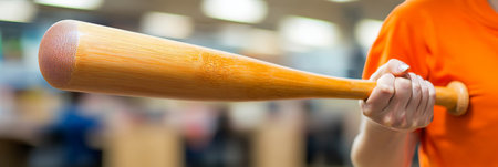 Close-up View of Person in Orange Shirt Holding a Wooden Baseball Bat with Blurred Backgroundの素材