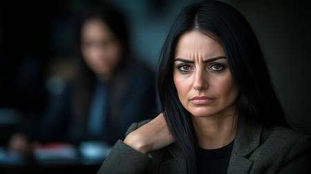 Concerned Businesswoman in Modern Office Setting, Woman Looking Worried With Serious Expressionの素材
