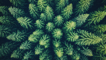 Coniferous Forest, Top View. Winter. Evergreen Trees Pattern, Nature Texture Background.の素材
