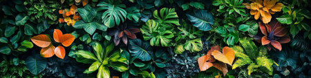 Lush Tropical Foliage Background. Green Plants Wall Design With Anthurium Leaves And Fernsの素材