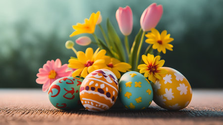 Colorful Easter Eggs and Vibrant Spring Flowers on Rustic Wooden Table, Festive Holiday Decorationの素材