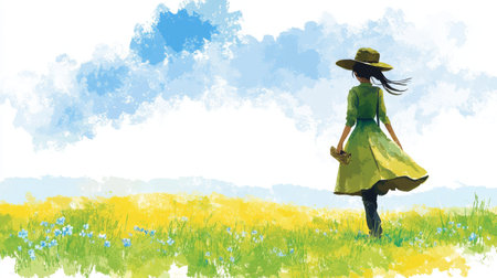 Woman in a Green Dress and Hat Walks Through a Sunny Meadow with Wildflowers in Bloom.の素材
