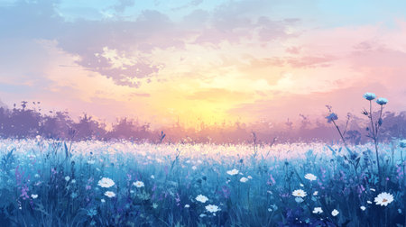 Gentle Pastel Meadow Watercolor Illustration of Flowers at Sunset with Delicate Detailsの素材