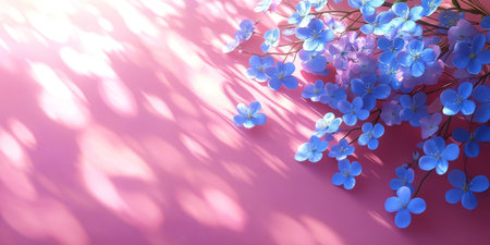 Spring Flowers of Blue Forget-Me-Nots Blossom On Pink With Warm Light. Overhead Still Lifeの素材