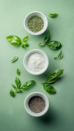 Minimalist Culinary Scene Bowls of Spices, Fresh Oregano and Basil on a Serene Green Backdropの素材