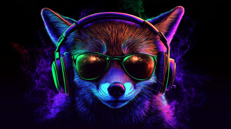 Neon Party DJ Fox With Headphones And Sunglasses On, Artistic Vibrant Colorful Portrait Backgroundの素材