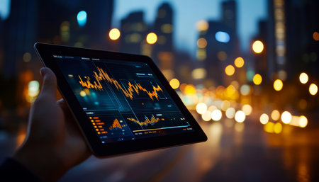 Financial Technology Person Holding Tablet with Stock Market Charts Against City Skylineの素材