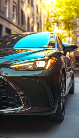 Sleek Black Car Parked on City Street. Golden Hour. Urban Environment, Modern Transportation.の素材