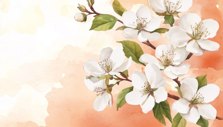 Watercolor Floral Background, Creamy White Flowers, Peach Hues, Delicate Branches, Artisticの素材