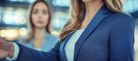 Confident Businesswoman A Close-Up Of A Woman In A Blue Blazer In A Modern Office Settingの素材