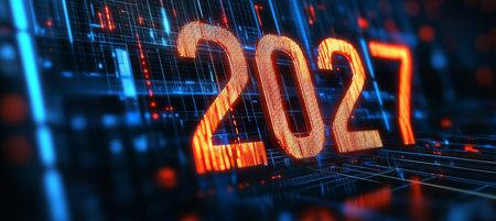 Futuristic Glowing 3D Number 2027 on Digital Abstract Background in Technology Conceptの素材