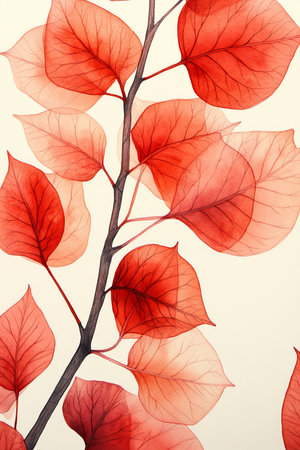 Delicate Watercolor Leaves, Illustration of Red Foliage on a Branch, Elegant Nature Design Elementの素材