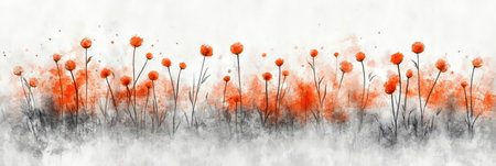 Abstract Watercolor Background With Stylized Orange Poppies And Grass, Gentle Pastel Banner Designの素材