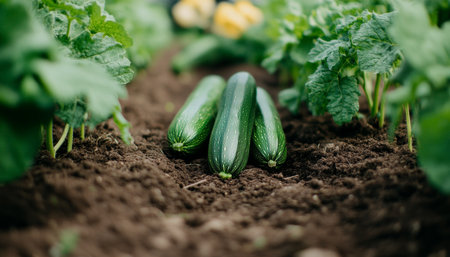 Fresh, Green Zucchini Squash Ready for Harvest in a Lush Garden Bed, Sustainable Agriculture Conceptの素材