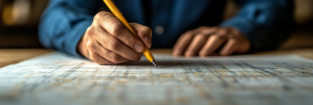 Architect Hands Drafting Blueprint Plans, Construction Design, Professional Studio Shotの素材