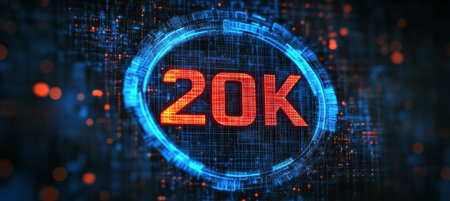 Glowing Digital Blue Circular Frame, Twenty Thousand Number and Futuristic Circuit Board Backgroundの素材