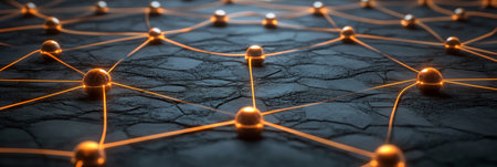 Golden Network Connections, Abstract Technology Background With Glowing Spheres And Lines, 3D Renderの素材