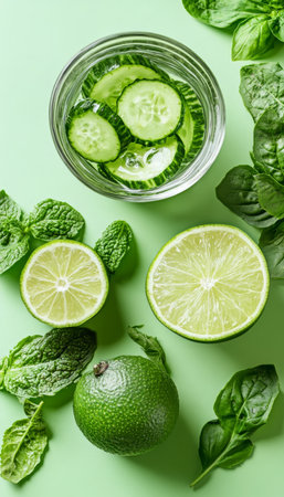 Revitalizing Ingredients Fresh Cucumber Water, Lime, and Mint on Vibrant Green Backgroundの素材