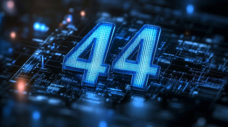 Glowing Blue Digital Number 44 on Intricate Circuit Board, Illustrating Futuristic Technologyの素材