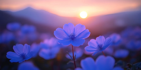 Gentle Blue Wildflowers in Bloom at Golden Hour, with Dreamy Sunset and Mountain rangeの素材
