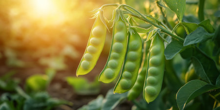 Fresh green pea pods grow on a stem bathed in warm sunlight amongst vibrant green leaves.の素材