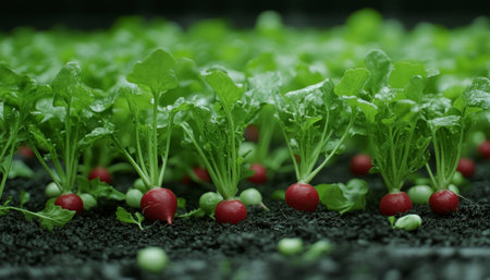 Fresh, Vibrant Red Radishes Growing in Garden Bed, Ready for Harvest. Healthy Food Conceptの素材