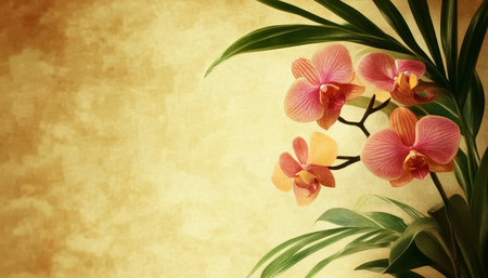 Soft Pink Orchid Blossoms on Delicate Stems, With Lush Green Palm Leaves, Spa Backgroundの素材