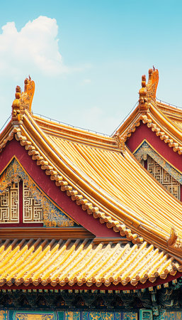 Golden Roofs of the Forbidden City, Beijing, China on a Sunny Day. Traditional Chinese Architectureの素材