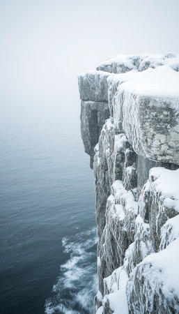 Frozen Coast, Moody Nordic Seascape Snow-Covered Cliffs and Foggy Ocean, Minimalist Winter Sceneの素材