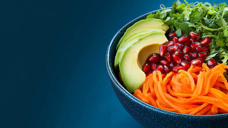 Vibrant and Healthy Salad Bowl with Avocado, Pomegranate Seeds, Fresh Greens, and Carrotsの素材