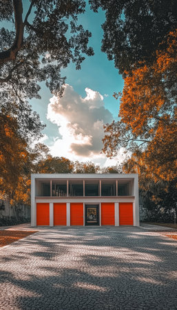 Modern White Building with Vibrant Orange Doors, Framed by Autumnal Foliage, Under a Cloudy Skyの素材