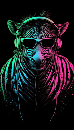 Cool Zebra DJ Wearing Headphones and Sunglasses A Neon Party Animal Icon for Music Loversの素材