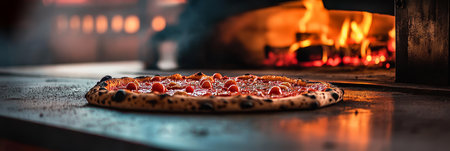 Freshly Baked Pizza with Tomatoes on a Metal Countertop, Wood-Fired Oven in Backgroundの素材