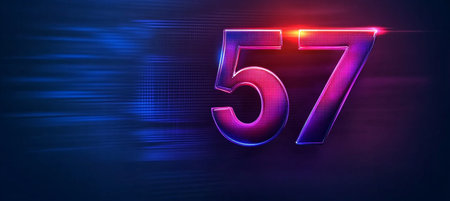 Number 57 Made of Shiny Digital Neon Numbers on a Futuristic Abstract Background in Pink and Blueの素材