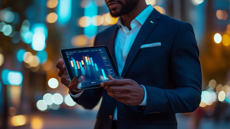Businessman Reviews Positive Market Trends, Illuminated Graph On Digital Tablet, Blurred Cityscapeの素材