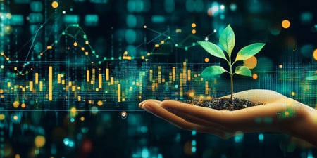 Hand Holding Plant Seedling with Stock Exchange Background, Growth and Finance Conceptの素材