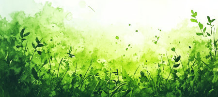 Soft Green Watercolor Botanical Background, Floral Line Art, Lush Grass, Detailed Illustrationの素材