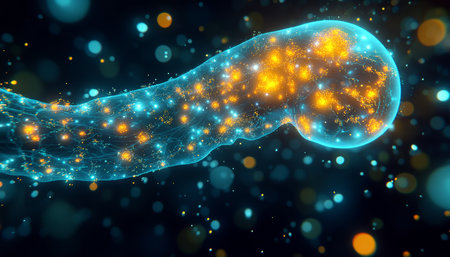 Abstract Flowing Stream of Aqua and Chartreuse Hues with Particle Effects, Vector Designの素材