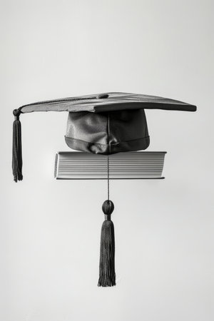Graduation Cap Balancing On Book Concept Of Education, Knowledge, Success, Achievementの素材