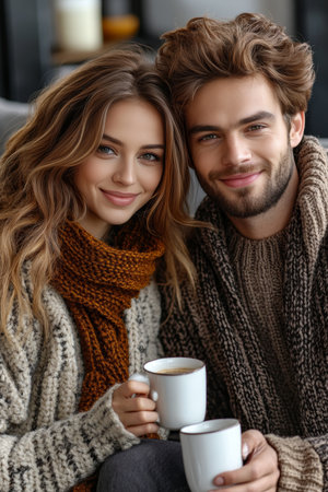 Cozy Couple at Home Young Man and Beautiful Woman Enjoying Warm Beverages on a Comfortable Sofa.の素材