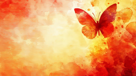 Delicate Butterfly on Abstract Orange Watercolor Background, Gentle Minimalist Designの素材