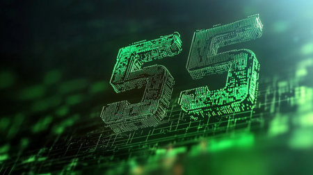 Glowing 3D Number 55 Formed With Digital Circuitry Illuminates A Technological Abstract Backgroundの素材