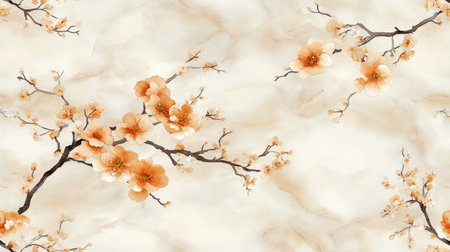 Soft Watercolor Pattern, Creamy Yellow and Apricot Floral Design, Delicate Branches, Subtle Textureの素材