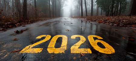 Road to 2026 Empty Asphalt Road Through Misty Autumn Forest Leading to the Year 2026の素材