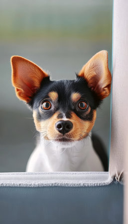 Curious Dog Peeking Through Window, Waiting for Owner, Anticipation in Big Eyes, Pet Loveの素材