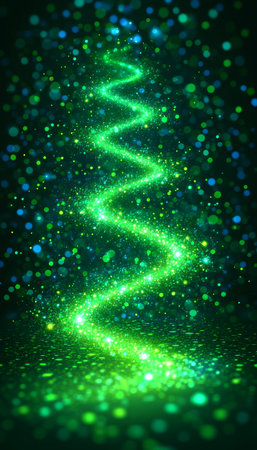 Vibrant Abstract Green And Cyan Swirling Wave Of Light With Sparkles On Blue Backgroundの素材