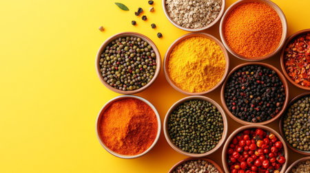 Colorful Bowls Overflowing with Various Spices and Ingredients on a Bright Yellow Background.の素材