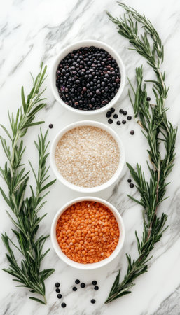 Raw Black Lentils Red Lentils, White Quinoa, with Sprigs of Rosemary, Styled Ingredient Backgpoundの素材